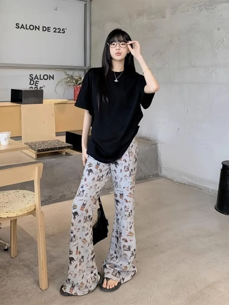   패션 여름 스포츠 티셔츠 여성의 느슨한 반팔 트럼펫 바지 캐주얼 투피스 세트 여성 의류