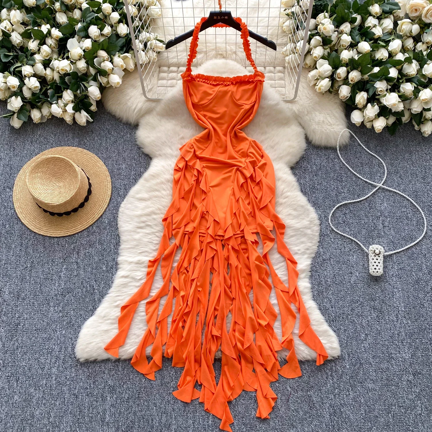 Sexy Halter Elegant Sleeveless Vintage Ear Fungus Edge Riddon Chic Slim Strapless Dresses Streetwear High Street Autumn Clothing