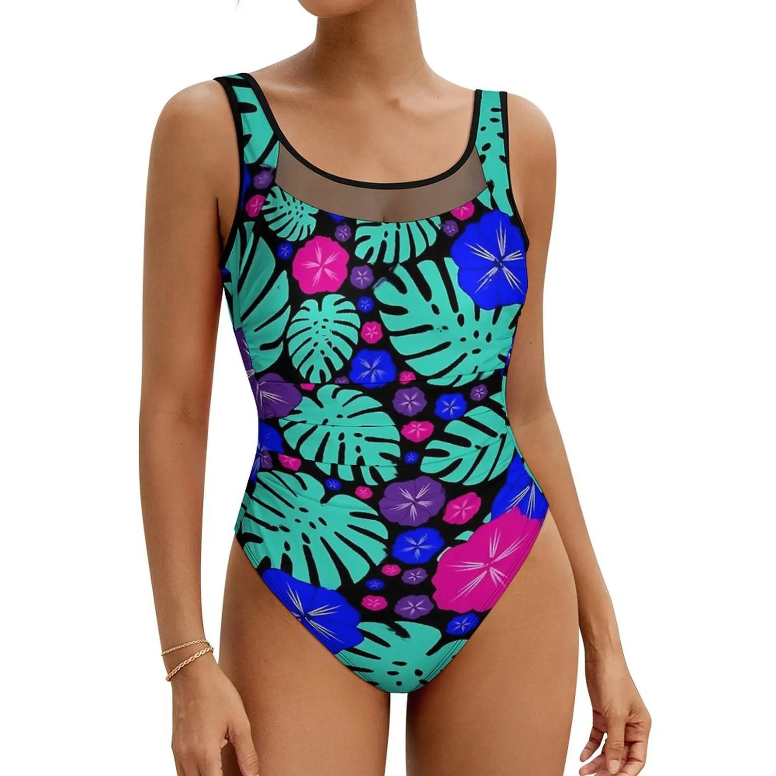 Tropical Floral Swimsuit Hibiscus Print One Piece Swimwear Push Up Vintage Bathing Suit Sexy Sport Custom DIY Beach Outfits