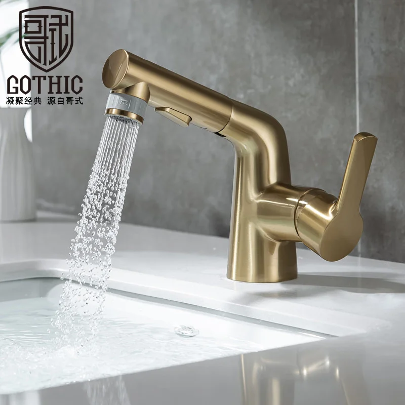 

Brushed Gold Basin Faucets Brass Silver Single Handle Bathroom Pull Out Washbasin Tap Single Hole Swivel Degree Water Mixer Tap