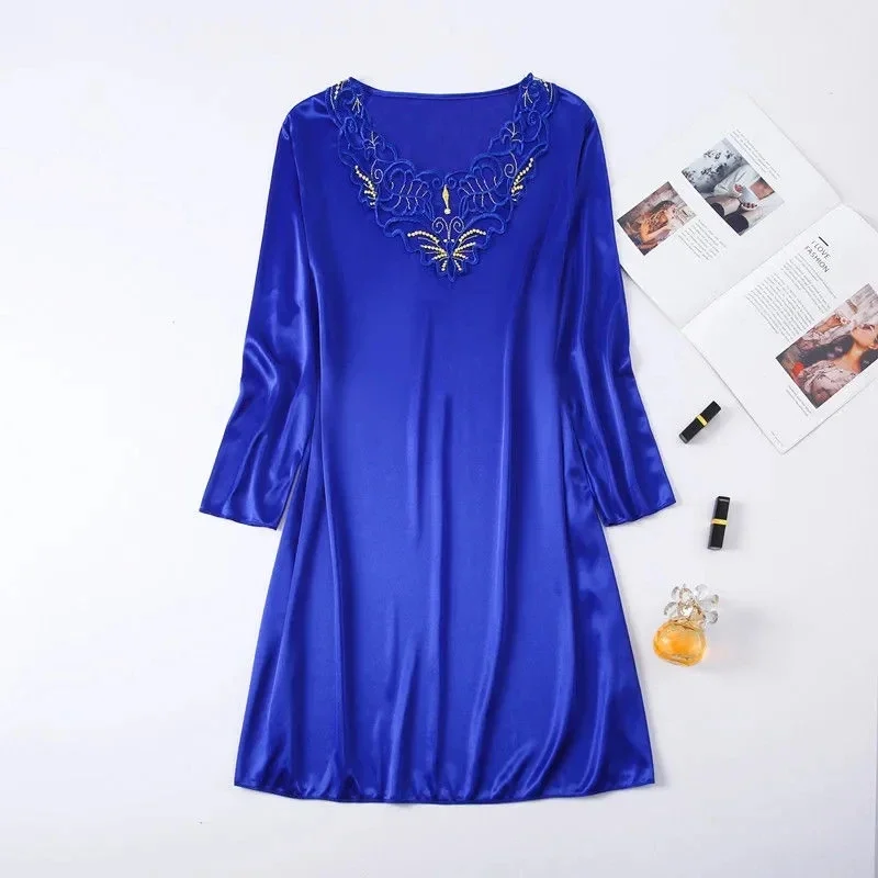 220129005Spring  summer long-sleeved thin imitation silk nightdress women's fashion V-neck lace sexy mid-length nightwear home