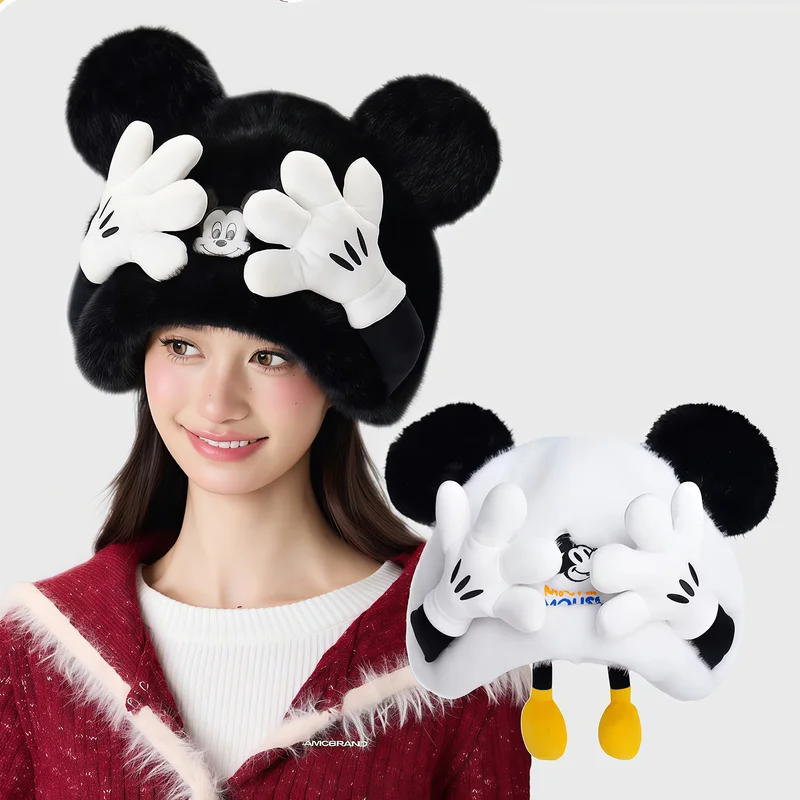 

Новинка 2025 года, осенне-зимняя теплая шапка Disney с Микки, милая плюшевая шапка для защиты ушей, студенческая карта, зимняя мода, теплый праздничный подарок
