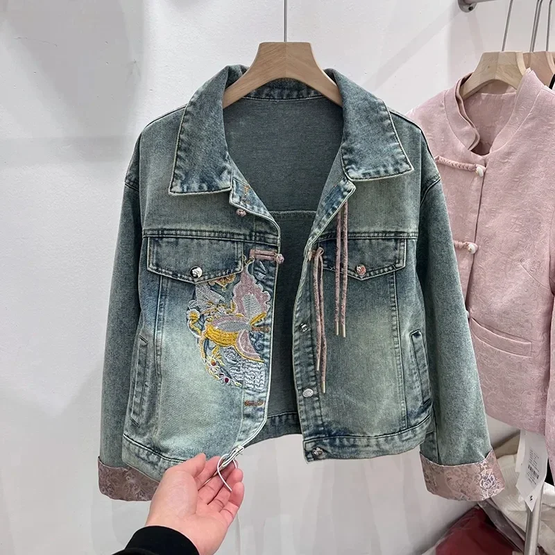 Pop Pop Embroidery Denim Jacket For Female 2025 Spring Autumn Retro Jacket Popular Short Tops New Women Denim Coat Loose Fashion