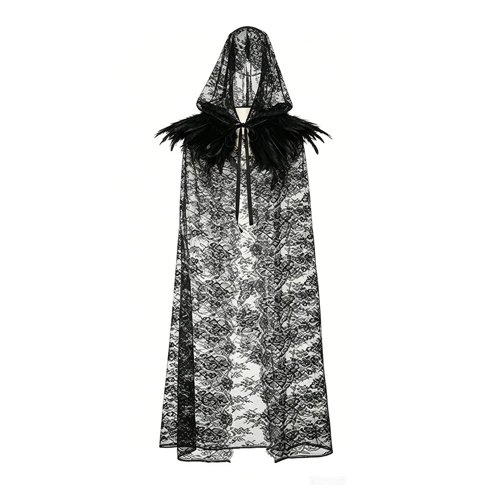 Creative Gift with Oversized Hood Halloween Hooded Cloak Lace-up Black Color Overcoats Vintage Sheer Lace Cloak