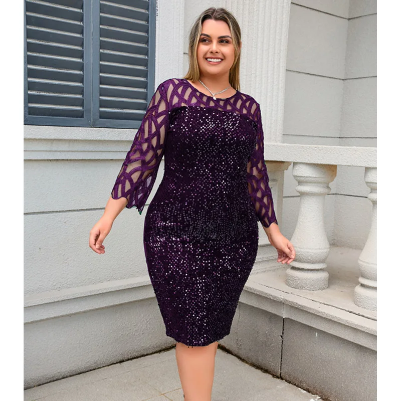 2025 女性スパンコールレースイブニングパーティードレス 3/4 袖プラスサイズミッドふくらはぎエレガントなカクテルフォーマルドレス OY-3187