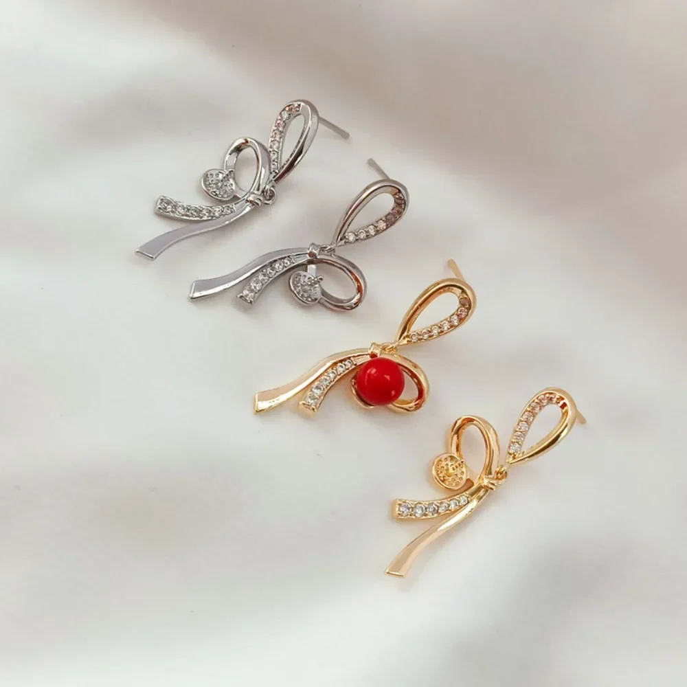 

14K Zircon White K Bow Empty Stand S925 Silver Ear Needle, Pearl Inlaid, DIY Handmade Accessory