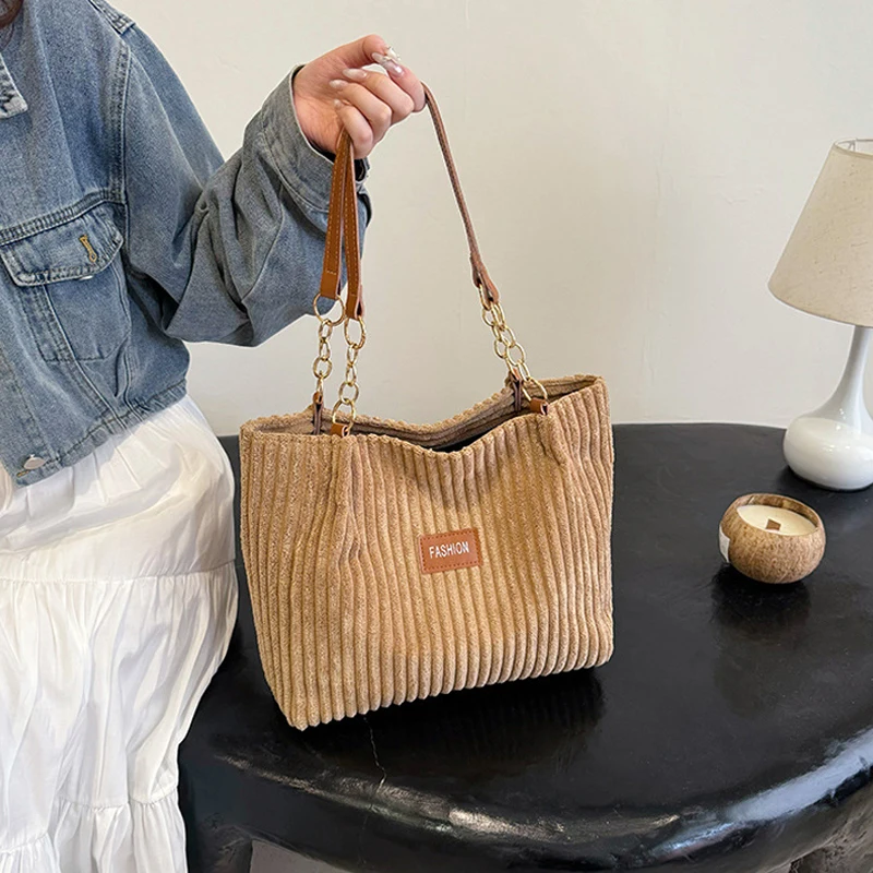 Fashion Corduroy Tote Bag Solid Color Shoulder Bag Women's Casual Handbag For Commute Work Shopper Totes image 2