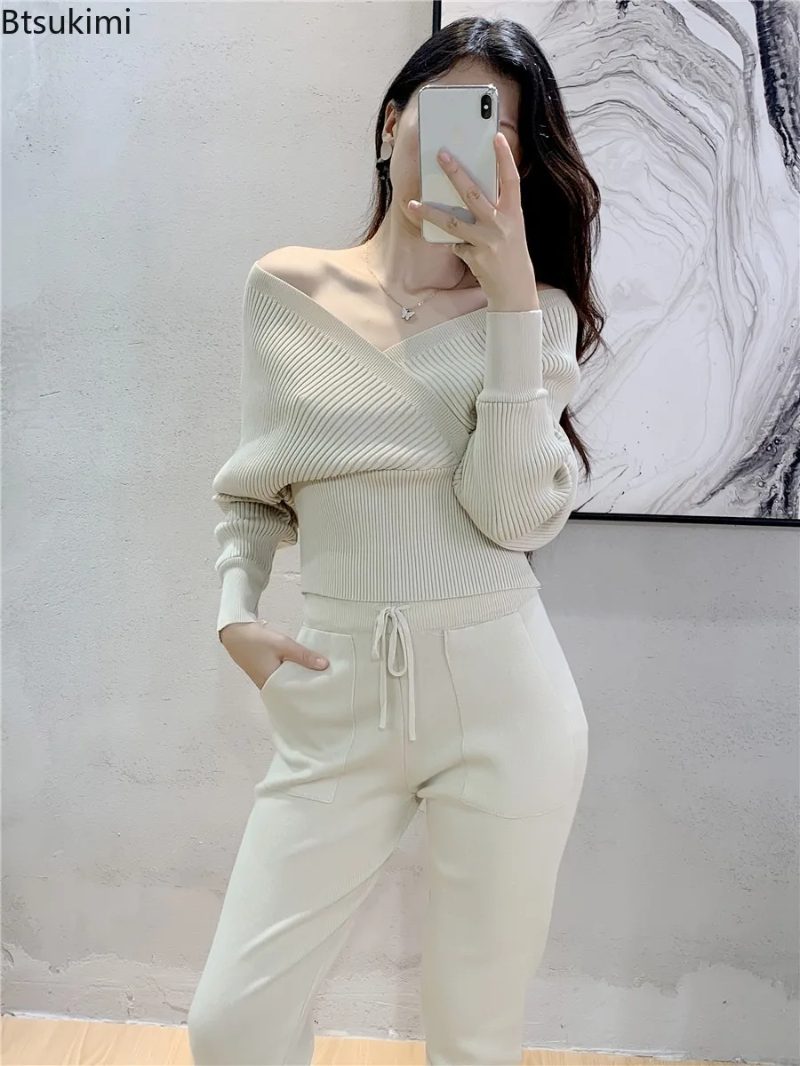 Fashion Sexy Women's Tracksuit Two-Piece Sets Suit Knitted Pullover Backless Slim Top and Casual Solid Color Drawstring Pants