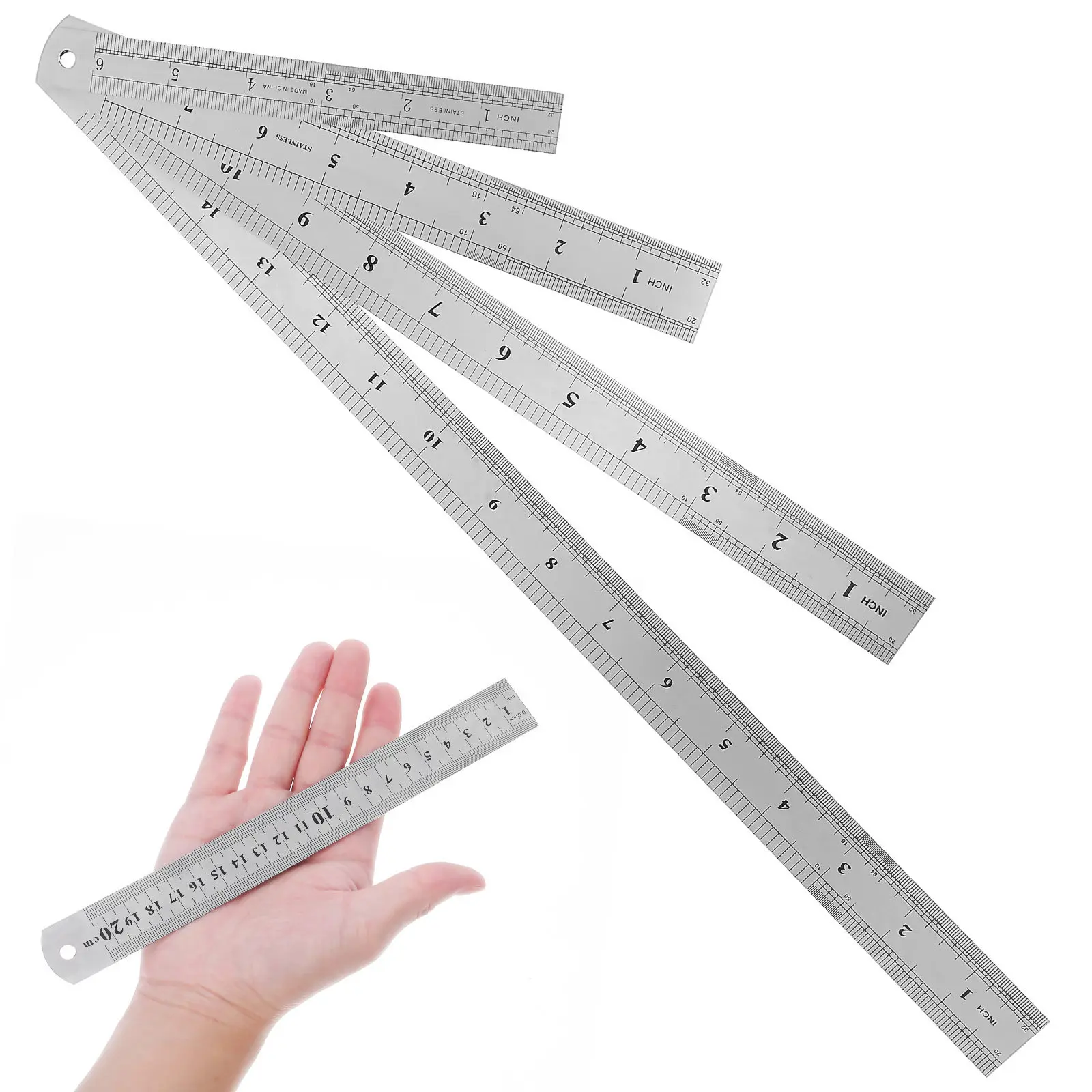 

4Pcs Metric Ruler Set in Silver Stainless Steel Double Sided Scale 15 20 30 40Cm Precision Measurement Tools for Office School