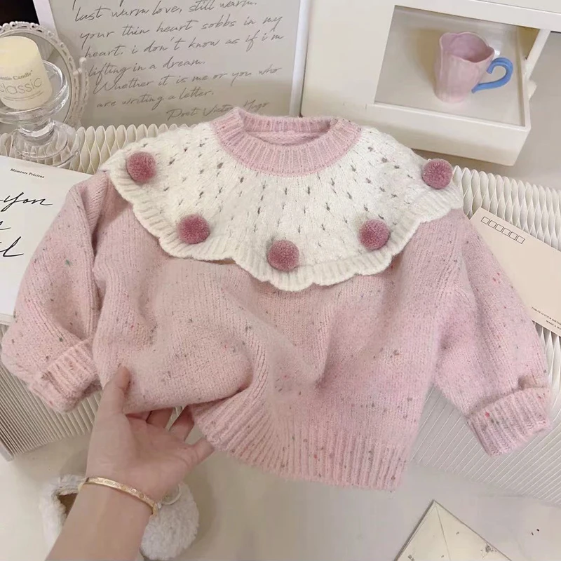 Autumn Winter New Girls Sweet Sweaters Splicing Doll Collar Long Sleeved Knitwear For 2-6 Years Girls Fashion Warm Knitted Top