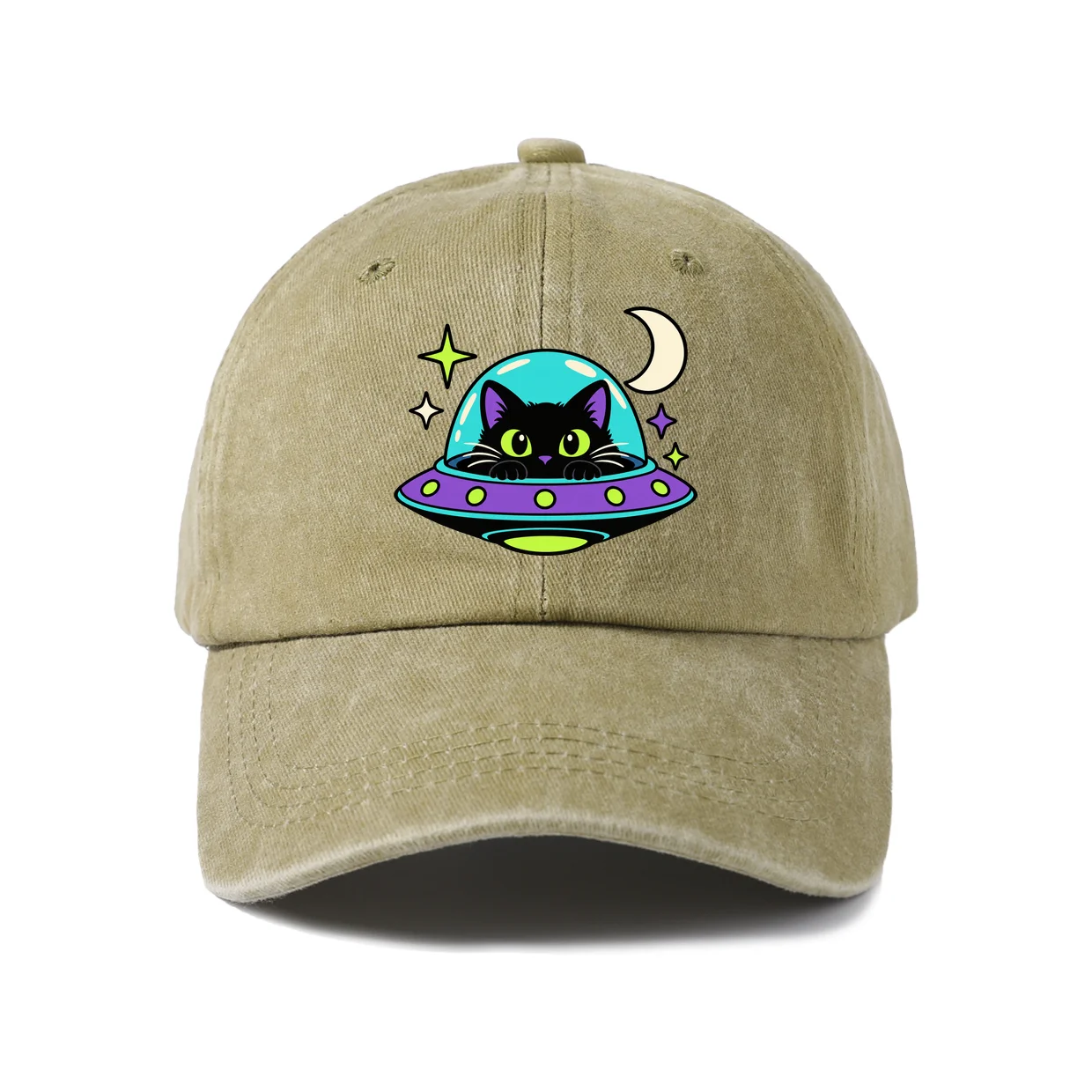 Alien in Flying Saucer Baseball Cap, Vintage Washed Adjustable Unisex Dad Hat, Outdoor Gift