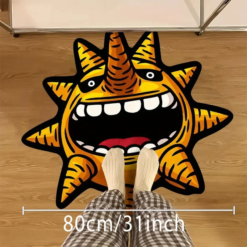 VIKAMA Cartoon Monster Sun Shaped Rug Funny Grinning Sharp Tooth Sun Monster Print Soft Fluffy Non Slip Gaming Room Floor Mat