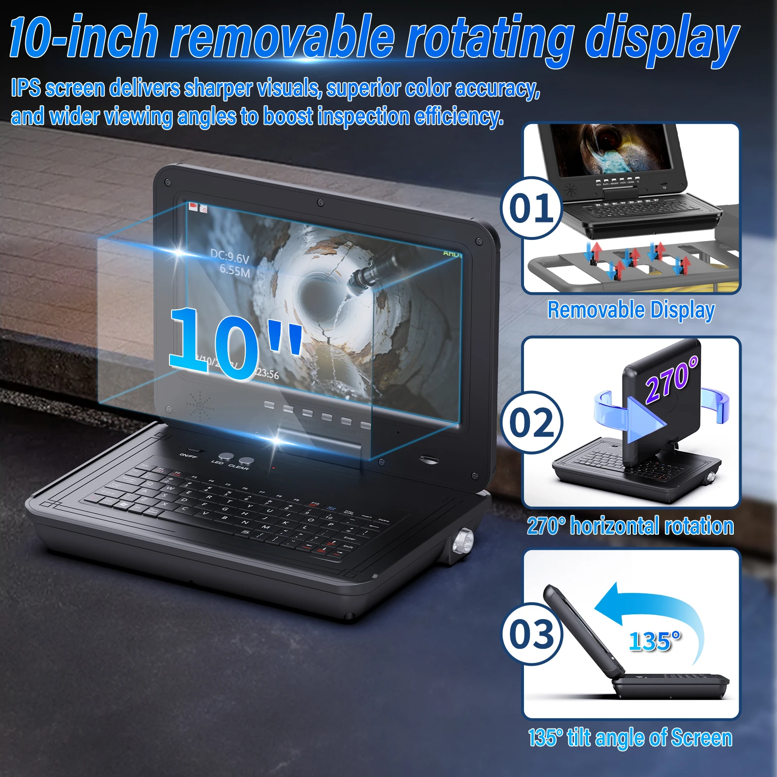 360 Rotating Sewer Piping Endoscope Camera, 10″ IPS 1080P+Meter Counter+Keyboard+Self-Leveling 512Hz+32GB+100M 11mm Cable