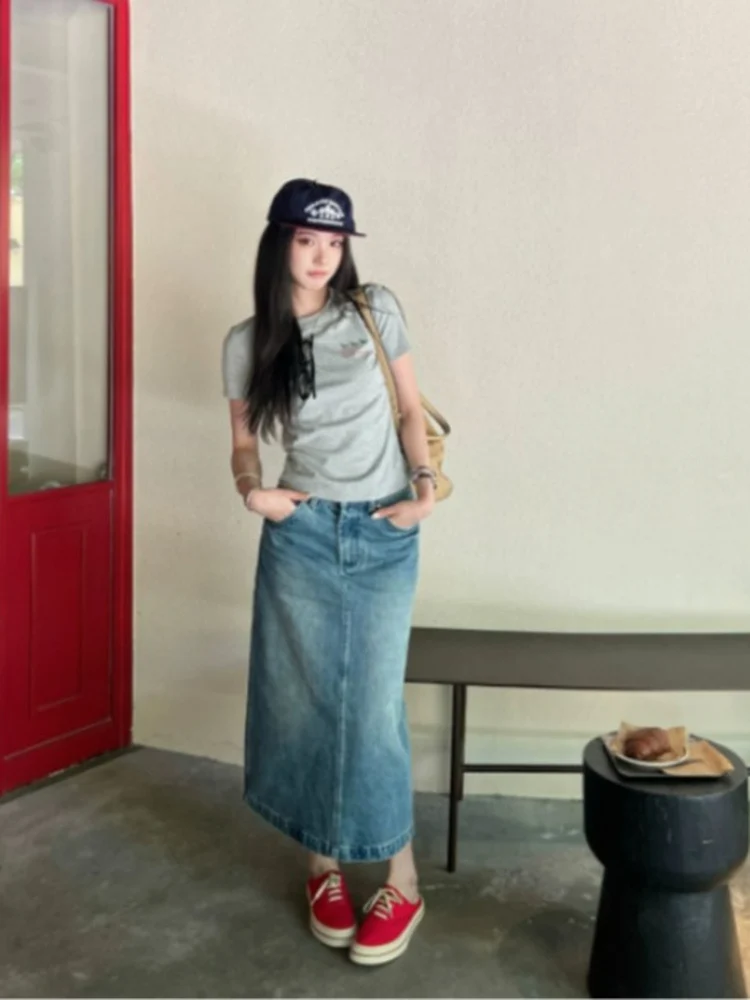 Korean Style Denim Classic Never out of Date Double Crafted Wrap around a Line  Skirt with Back Split Natural Waist Jeans