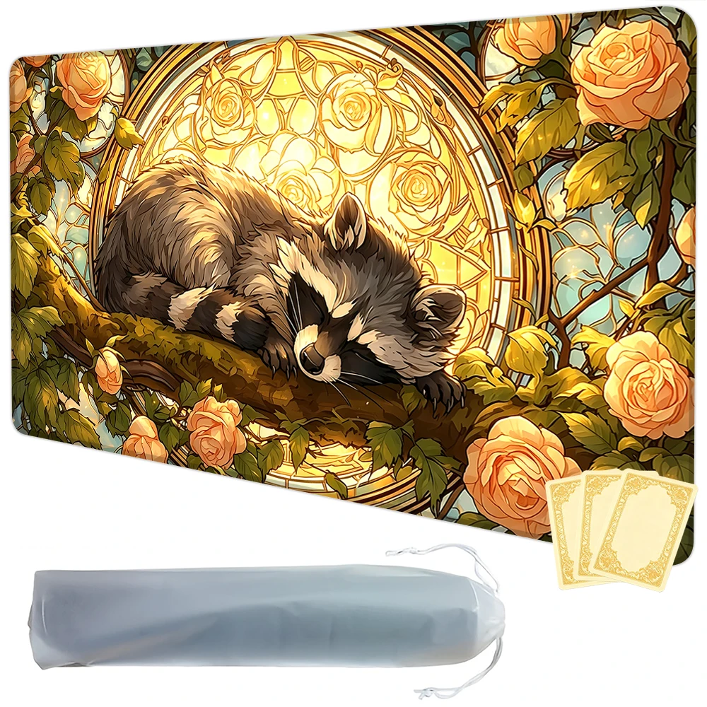 Rose Magic Circle and Raccoon TCG Playmat Magic Playmat Gathering Gaming Mat with Stitched Edge Anti-slip base Trading Card Game