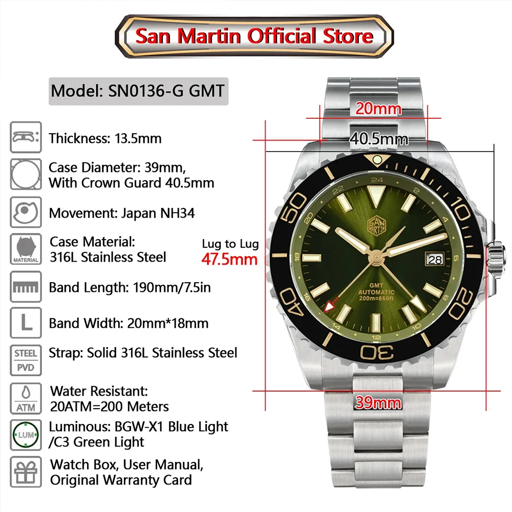 Saint Martin Original 2024 New 39mm Diver Men GMT Watch Enamel Dial Automatic Watch NH34 Luxury Sapphire Mechanical Men\'s Watch