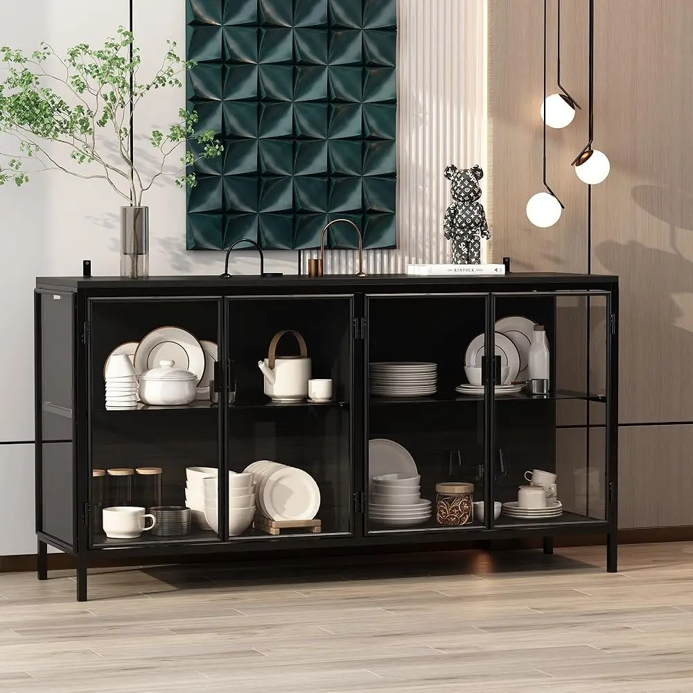 

Sideboard Display Cabinet With Lights & 4 Glass Doors, Buffet Sideboard With Glass Shelf, Buffet Storage Cabinet For Living