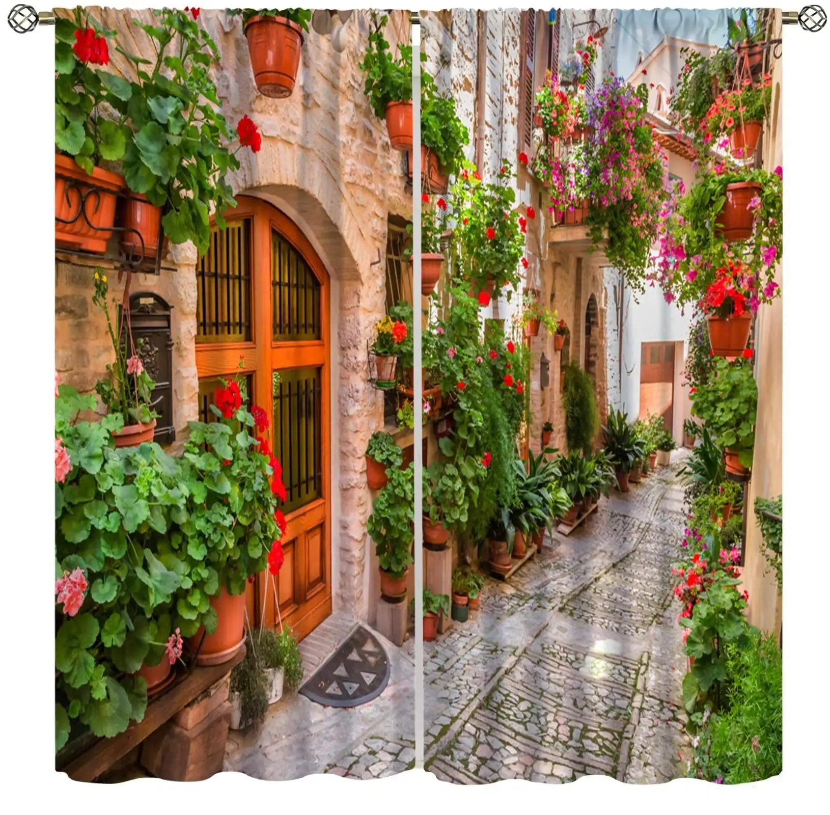 Italian Natural Scenery Style Window Curtains,Wisteria Flower Plant Arch Mediterranean View Window Treatments Drapes for Kitchen