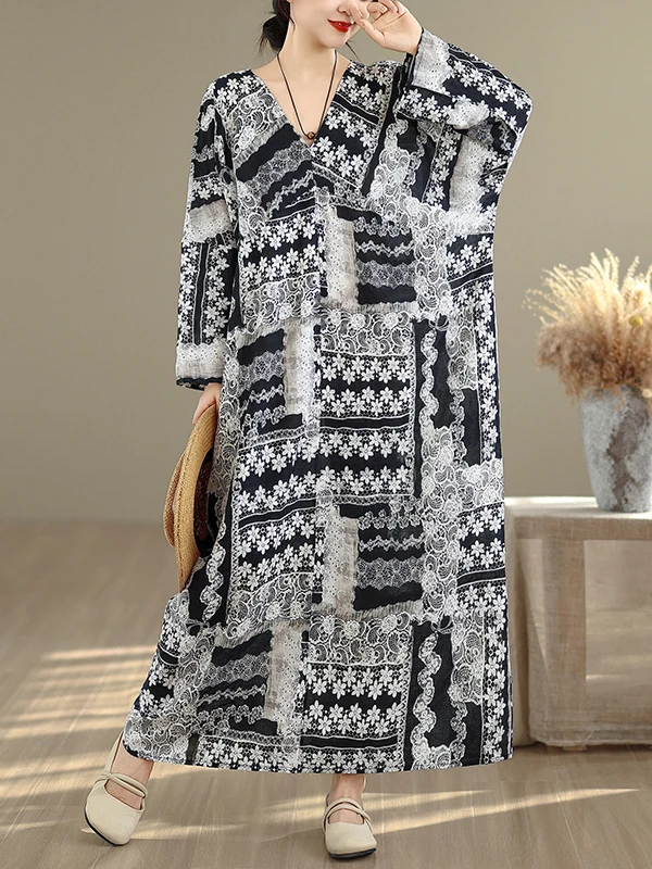 

Длинный све V-Ne Midi Dr для похудения, хлопково-льняной принт, свободная посадка, женская летняя повседневная одежда, анти-УФ-свеча с летучей мышью Dr