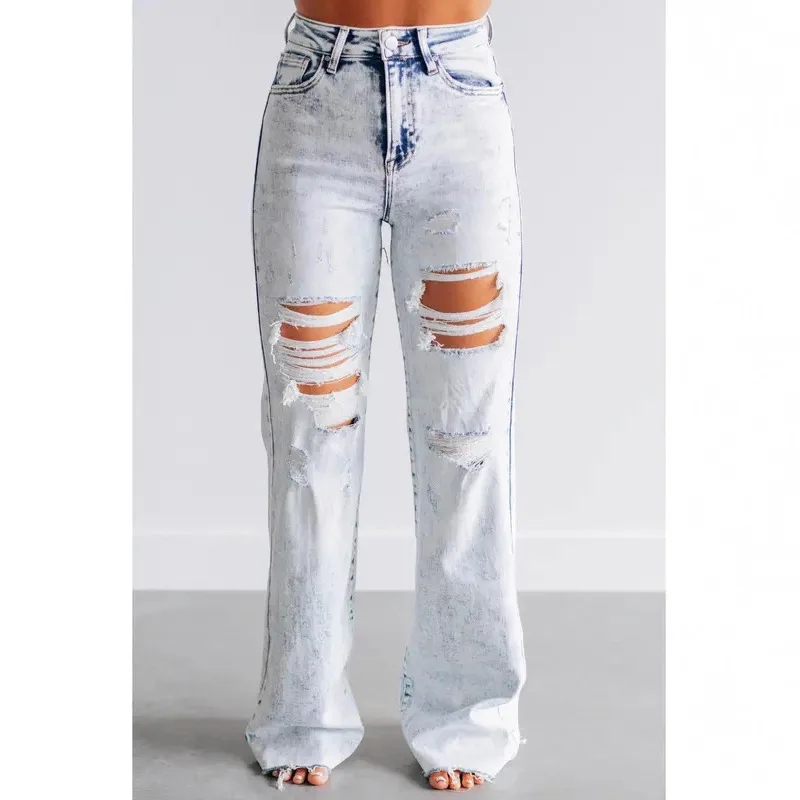 Women Wash Super Stretchy Wide Leg High Waist Hole Patched Simple Basic Solid Denim Flared Trousers New Fashion Female Jeans