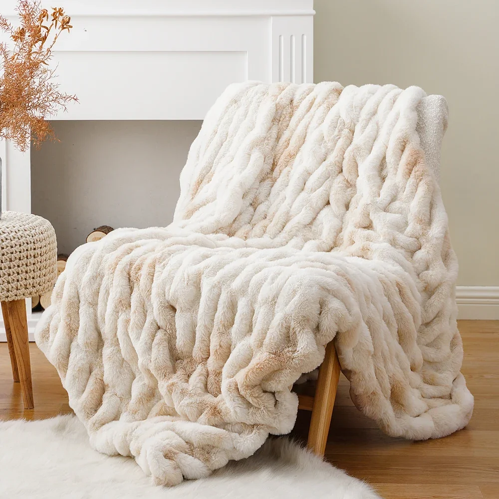 Battilo Ruched Rabbit Fur Throw Blanket Thick Warm Faux Fur Throws for Winter Soft Fluffy Beige Blanket for Home Decor