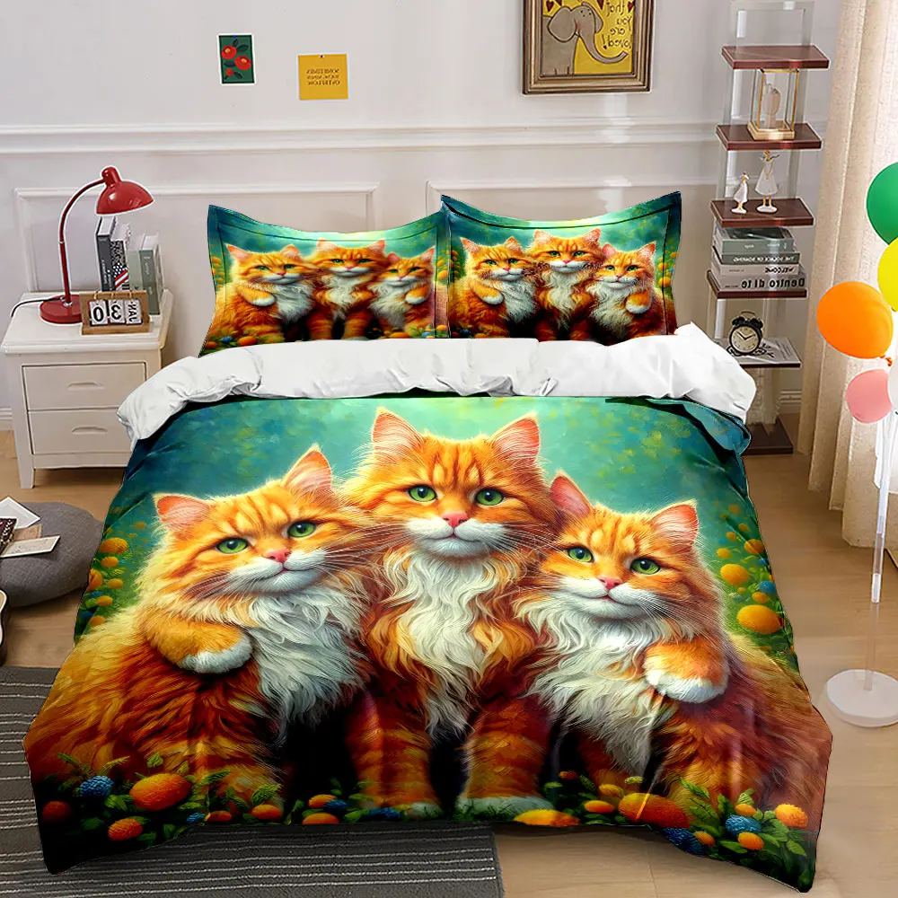 Three adorable ginger cats together Print Bedding Set 1 Duvet Cover 2 Pillowcases for Adult and Children Luxury Gift Full Size