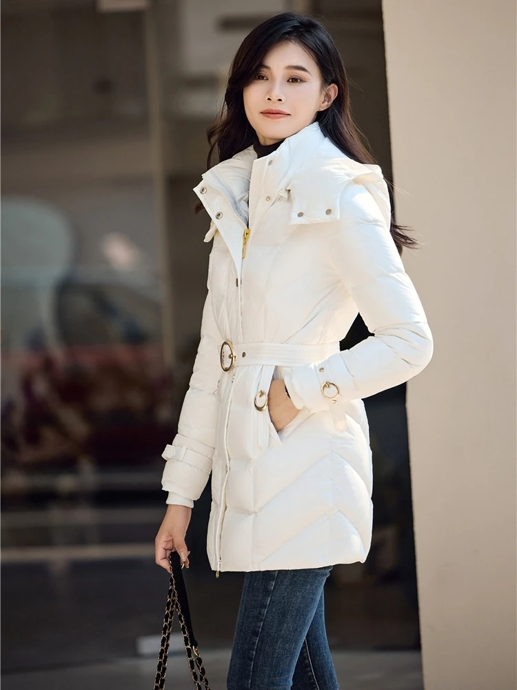 Winter Women Hooded Slim Puffer Jacket Female Casual Thicked Warm Belted 90% White Duck Down Coat Snow Outwear Designer style