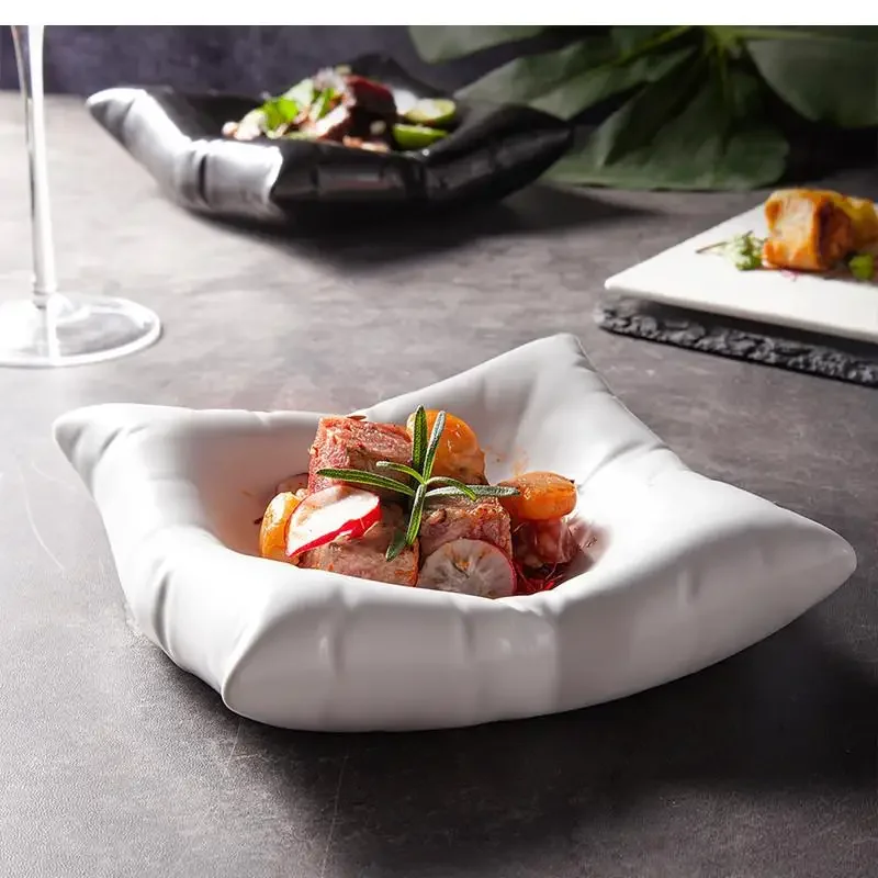 Ceramic Imitation Pillow Dinner Plate Kitchen Square Black White Dessert Artistic Definition Tableware