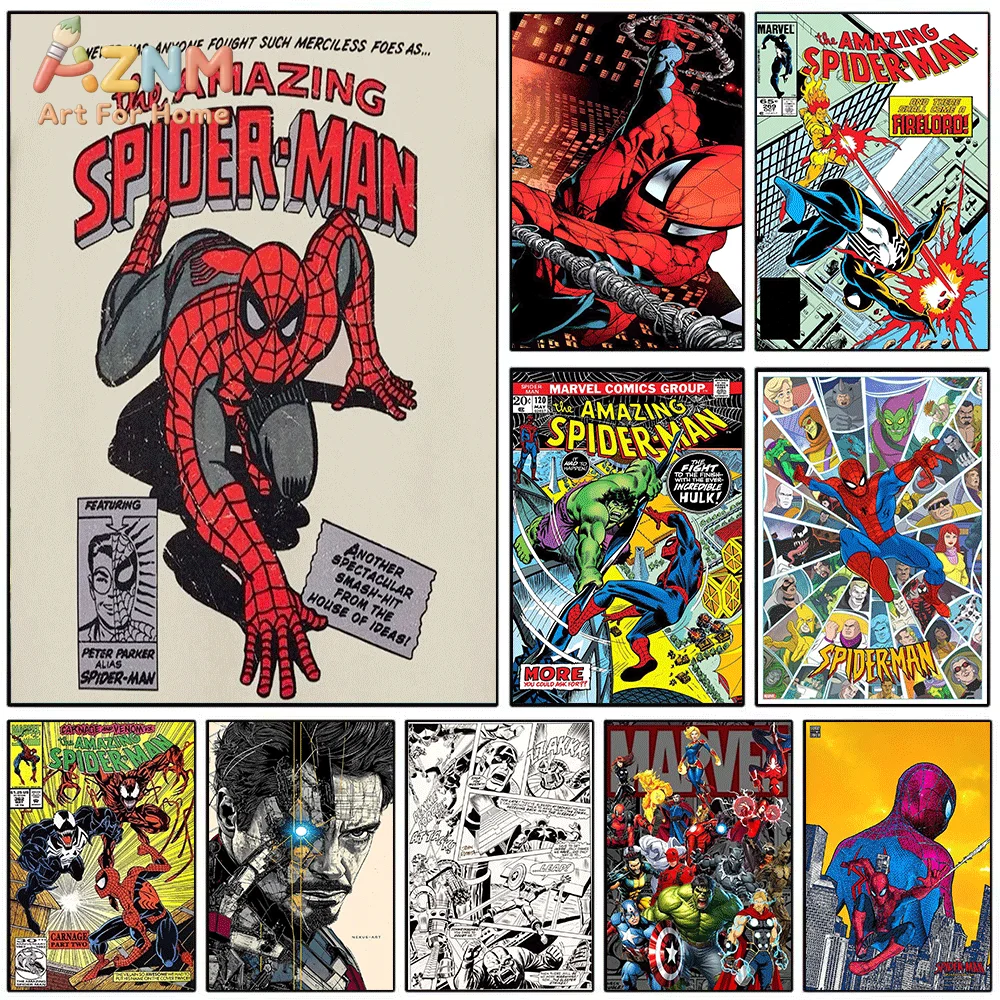 AZNM La Impresión en Lienzo de la Portada del Cómic Vintage de Spiderman, Retro, Superhéroe en Actión, Fondo Beige, Discurso B