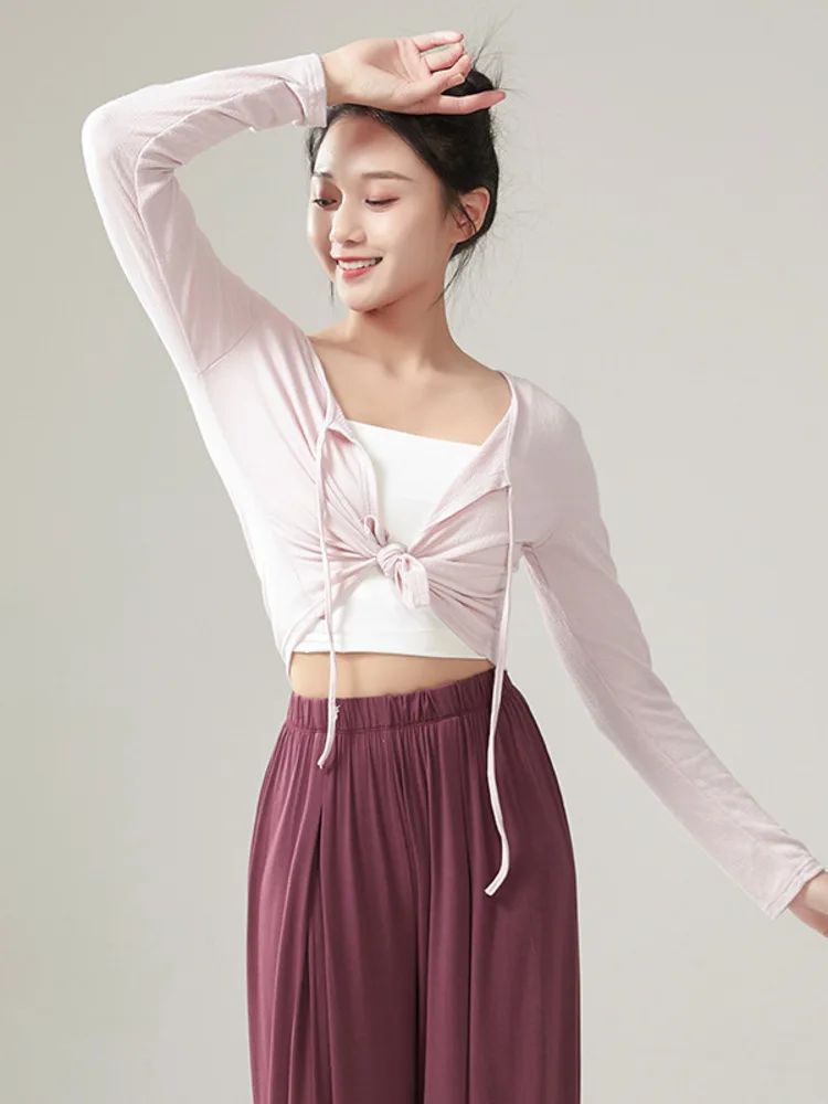 Women Long Sleeve V Neck Ballet Dance Top Solid Color Classical Stage Costume Modern Chinese Folk Performance Cardigan Shirt