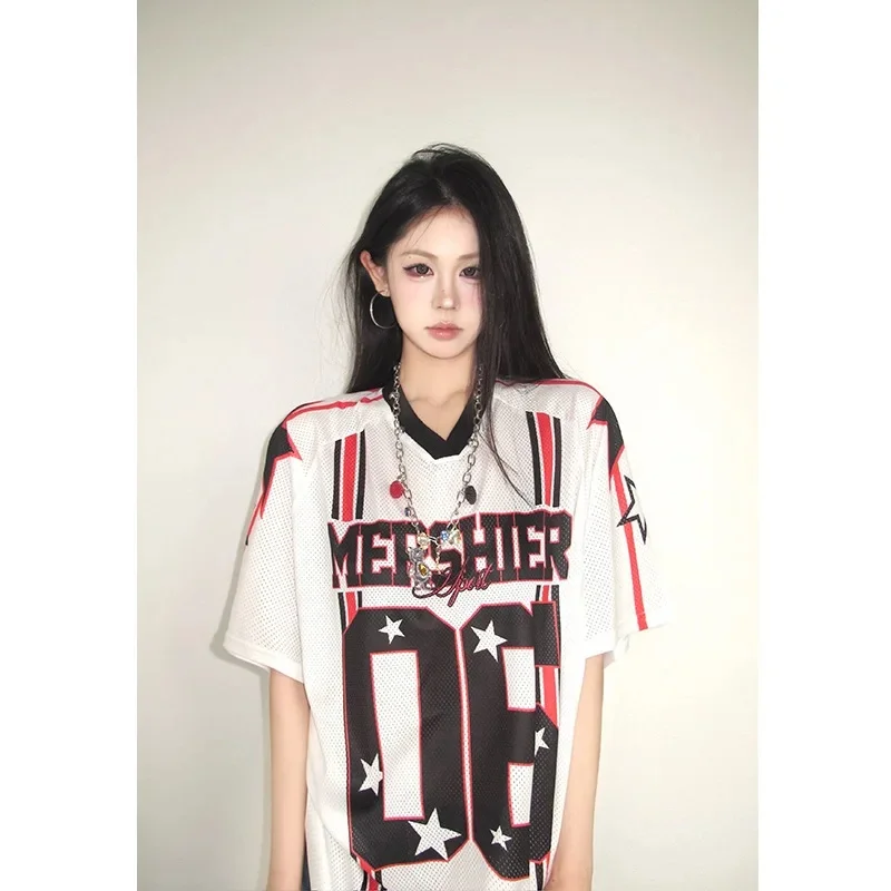 American Sporty Short Sleeve T-Shirt Hip Hop Style Digital Couple Top Trendy Regular Short-sleeved Daily Loose Unisex Shirt