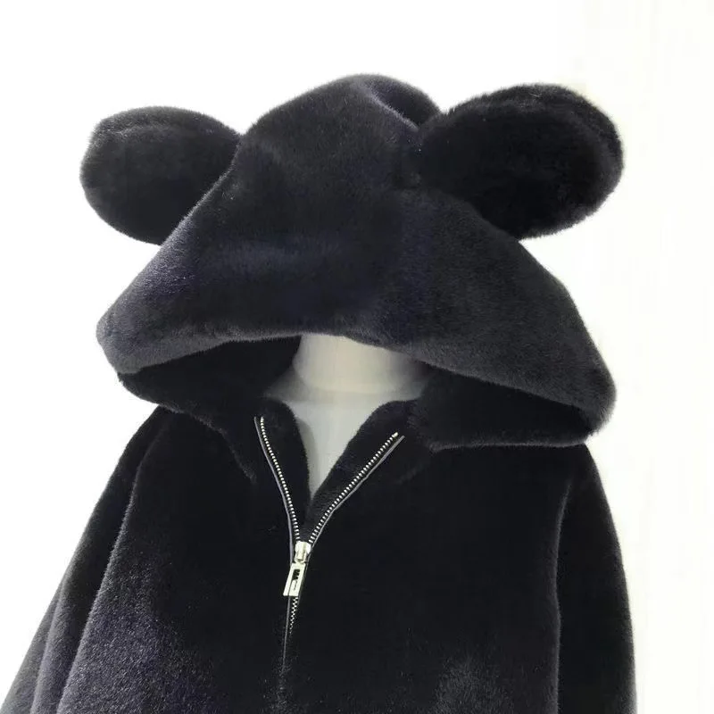 Giacche con cappuccio in finto visone donna larghe orecchie da orsetto peluche addensato cappotto Versatile di media lunghezza per donna autunno e