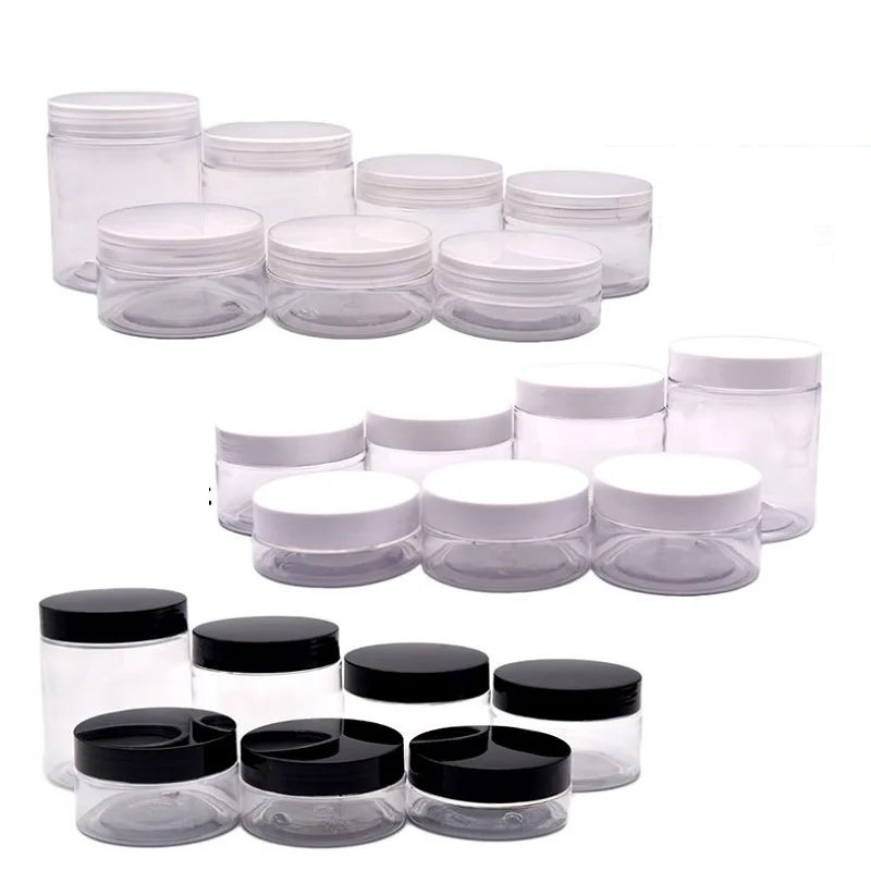 24Pcs Clear Face Cream Jar Plastic Containers 50g 80g100g120g150g200g250g Shiny Black White Lid Cosmetic Pot Wide Mouth Bottles