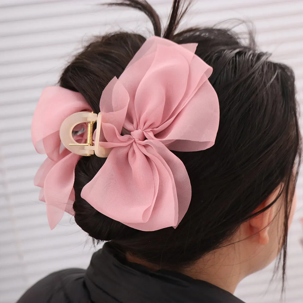 

Fashion French Style Chiffon Hair Claw Large Temperament Bow Shark Clip Sweet Elegant Women Hair Grab Lady