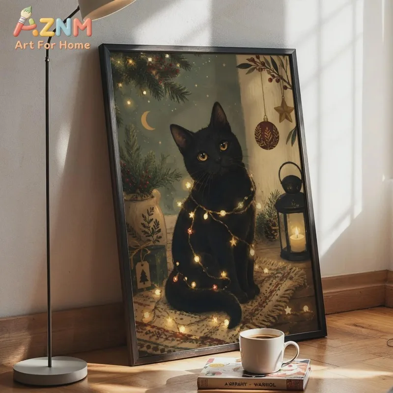 Vintage Black Cat Christmas Canvas Wall Art Black Cat Moon Candle Lantern Winter Xmas Holiday Wall Print Unframed Canvas Poster