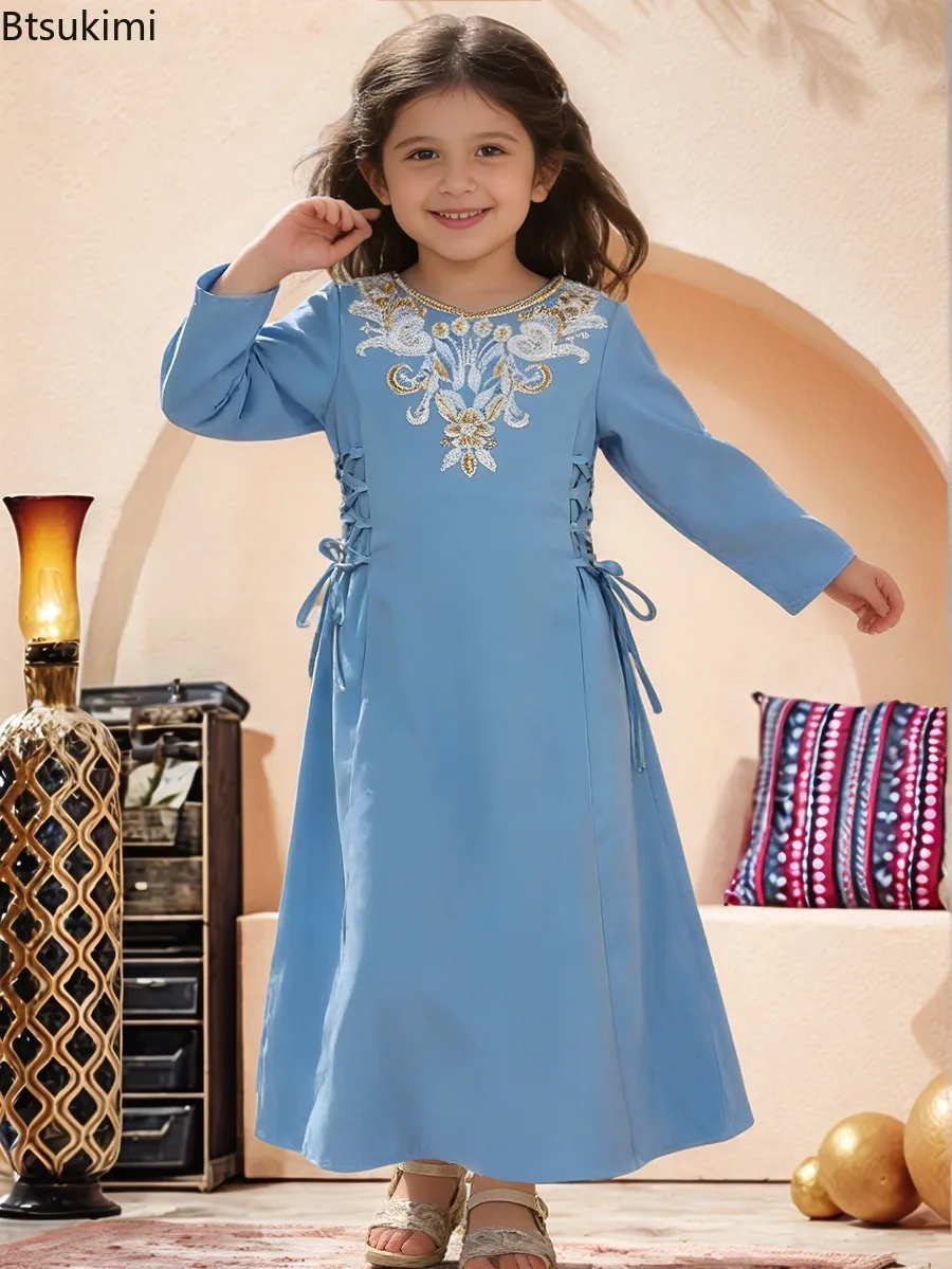 

Muslim Children's Clothing Dubai Arabic Girls Abayas Dress Long Sleeve V-neck Lace-up Robe Ethnic Casual Kaftan Middle East Robe