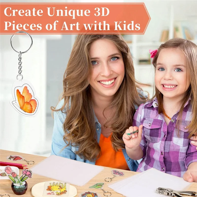 A56X Shrinky Art Keychain Kit, Including 20 Sheets Shrink Plastic Paper, Keychain Clip, Split Key Rings, Key Rings With Chain