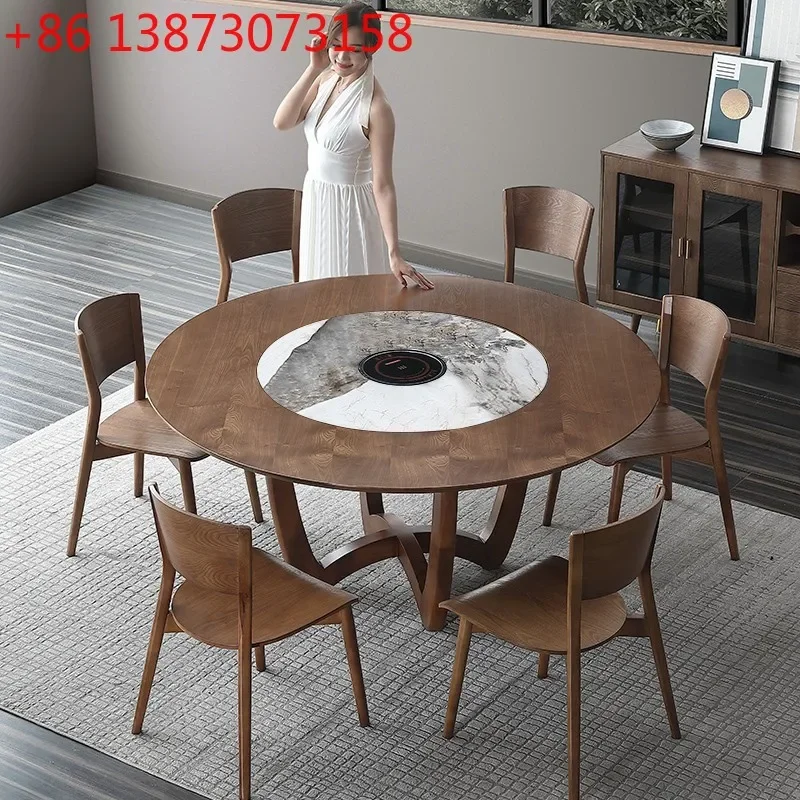 Rock slab inlaid turntable dining table with induction cooker New Chinese walnut colortable