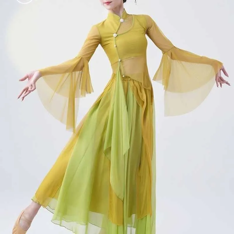 

Chinese Style Folk Dance Dress Classical Dancer Performance Costumes Elegant Practice Clothes Chinese Chiffon Dnace Costume