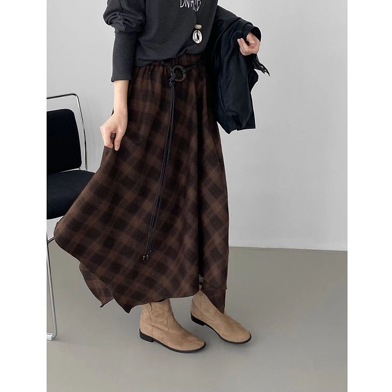 2025 New Arrival Autumn Winter Women Loose Casual Plaid A-line Asymmetrical Ankle-length Skirt Korean Style Vintage Skirts Y15