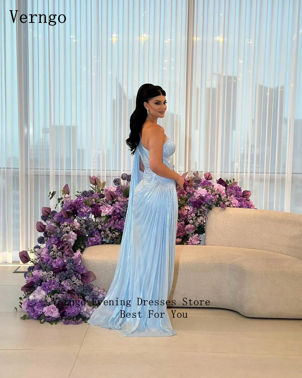 فستان سهرة أزرق لامع من Verngo بكتف واحد حورية البحر مناسبة رسمية أنيقة فساتين حفلات حورية البحر مخصصة #5