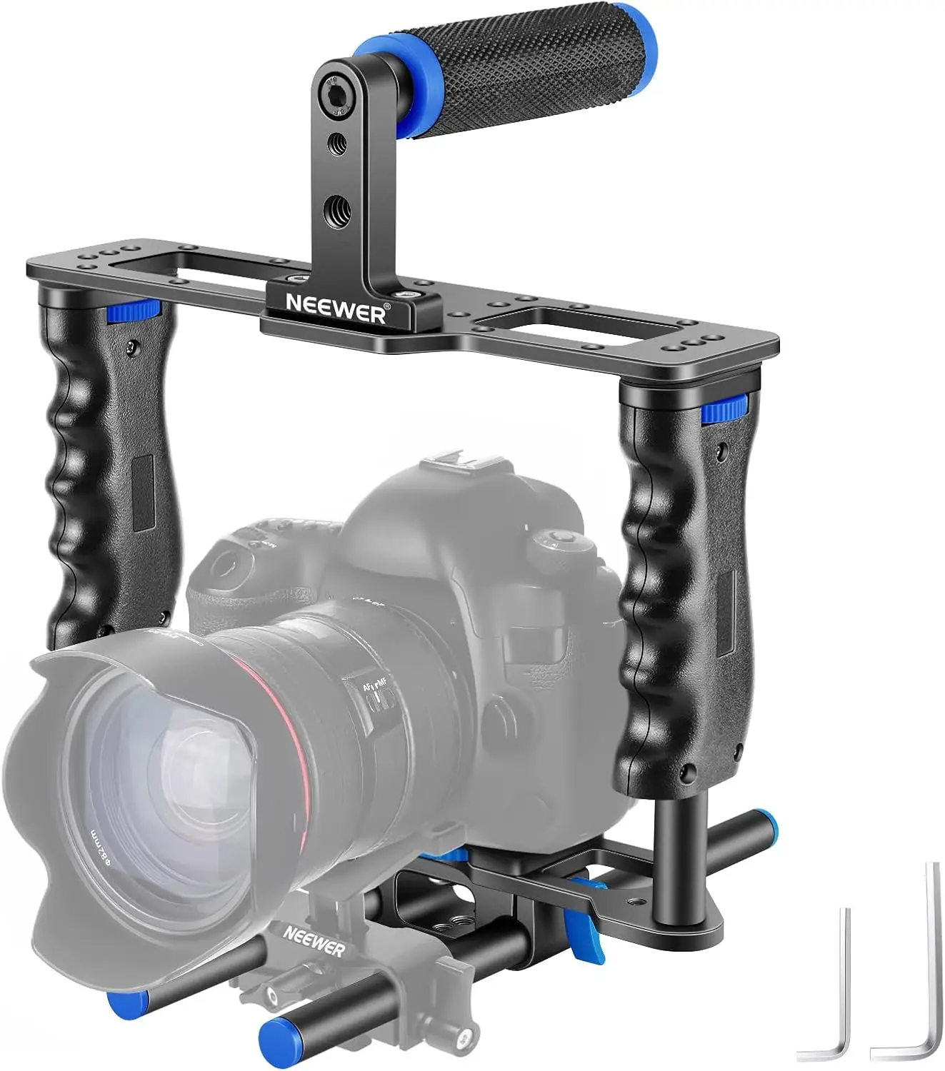 Aluminum Alloy Camera Cage with Top Handle, Dual Grip, 15mm Rods for DSLR and Camcorder (Black + Blue)