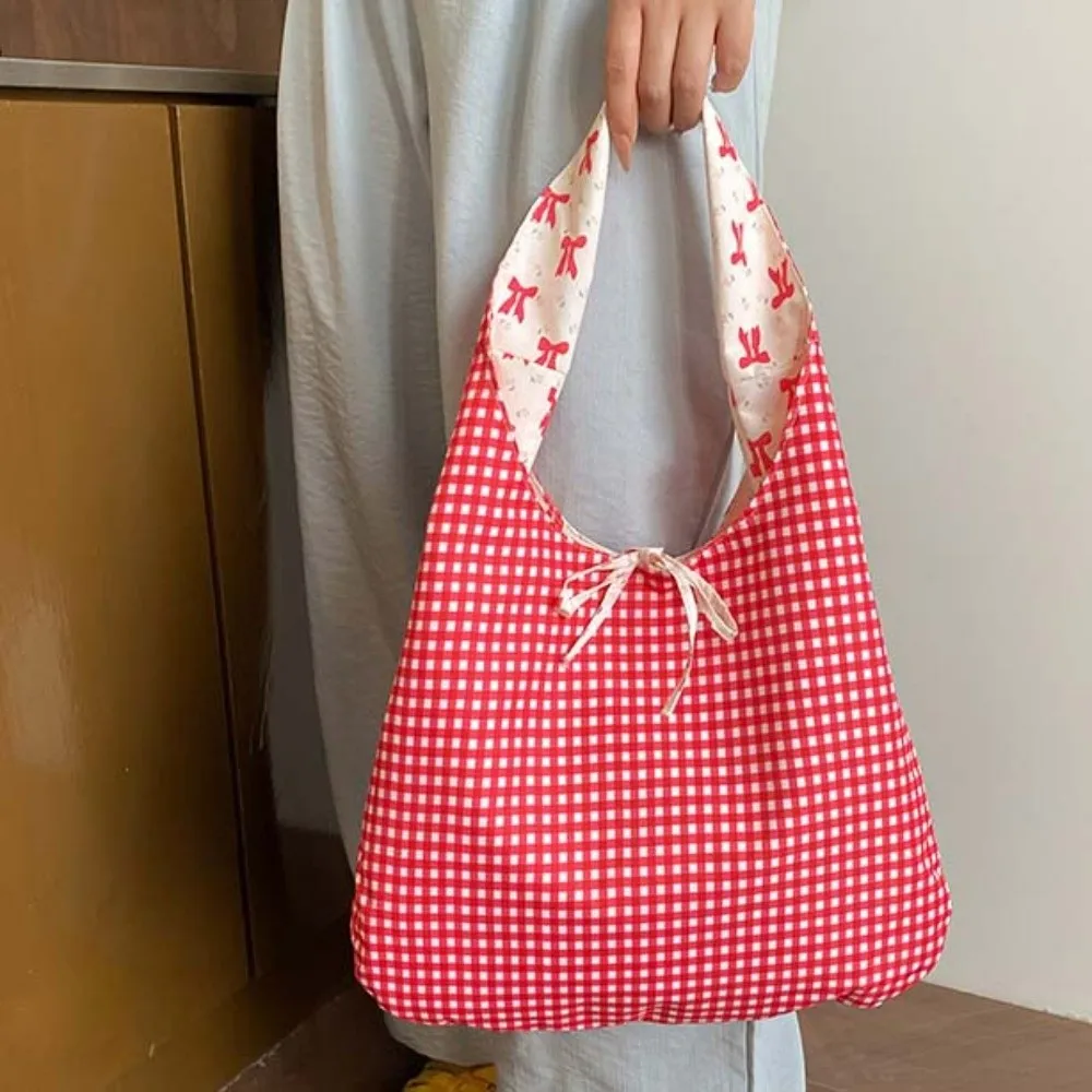 Sweet Double-sided Shoulder Bag Korean Style Lace Decoration Women Bow Printed Handbag Large Capacity Polyester