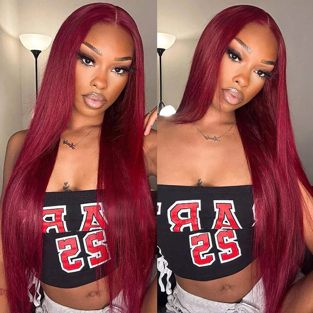 

Новый тренд, парик из натуральных волос на шнурке, 13x6, прямой парик на шнурке, 99j, бордовый цвет, предварительно выщипанный парик на шнурке