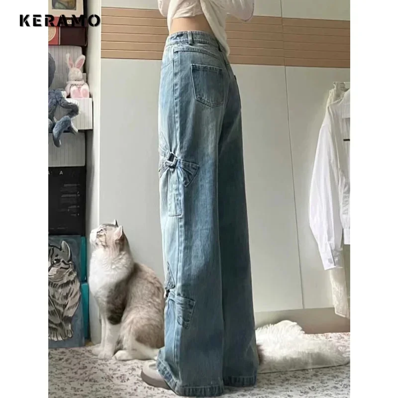 Women Y2K Sweet 2000s Denim Trouser Washed Vintage Casual Japanese Emo Pants Bow Decoration Street Retro High Waist Trashy Jeans