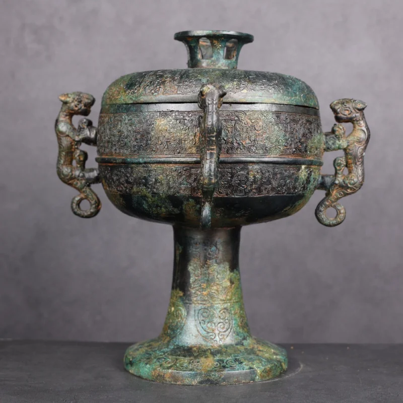 Antique Ornament Four Tiger Pan Dragon Pattern Offering Food Container Han Style Wedding Props Bronze Beans R