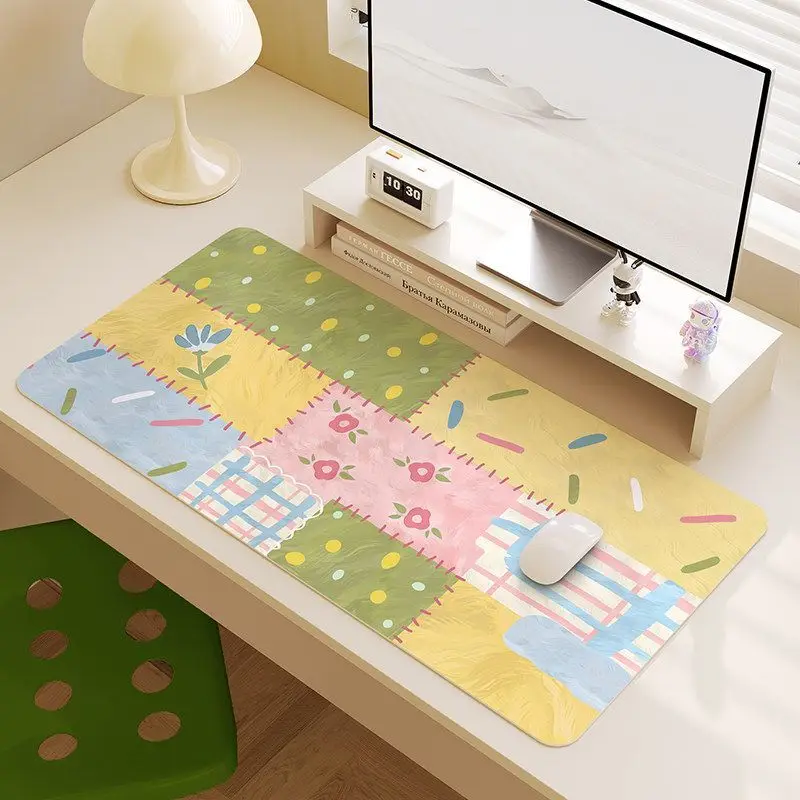 Leather Desk Pad Protector Cute Fresh Oil Painting Y2K Kawaii Mouse Pad Office Desk Mat Waterproof Non-Slip PU Desk Blotter Pad