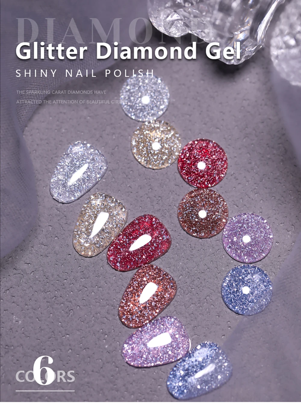 Vendeeni 6 Farben Glitzer-Broken-Diamond-Gel-Nagellack, semi-permanenter, reflektierender UV-Gel-Lack, TPO HEMA-frei – Detail 1