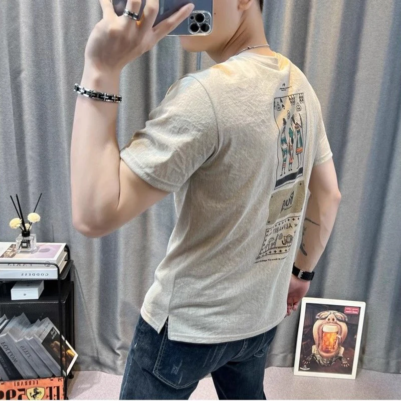 

Модные повседневные футболки с круглым вырезом и короткими рукавами с принтом, мужская одежда, новинка лета 2025 года, свободные универсальные топы, корейская футболка