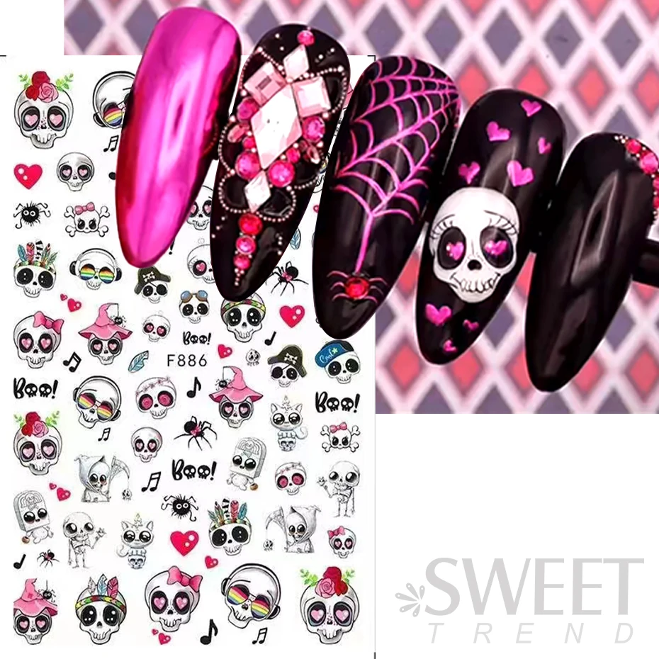 3D Halloween Schedel Nail Art Stickers Leuke Pompoen Horror Ghost Decals Druipende Bot Vleermuis DIY Manicure Slides Decoratie Tips JIF